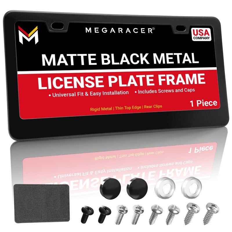 Mega Racer Premium Matte Black License Plate Frame â€“ 1 Piece, Rust-Free Stainless Steel, Rattle-Free, Universal with Screw Caps, Slim-Top Design, Thin Rigid Metal Front or Rear Car Tag Holder - for Men & Women - Image 1